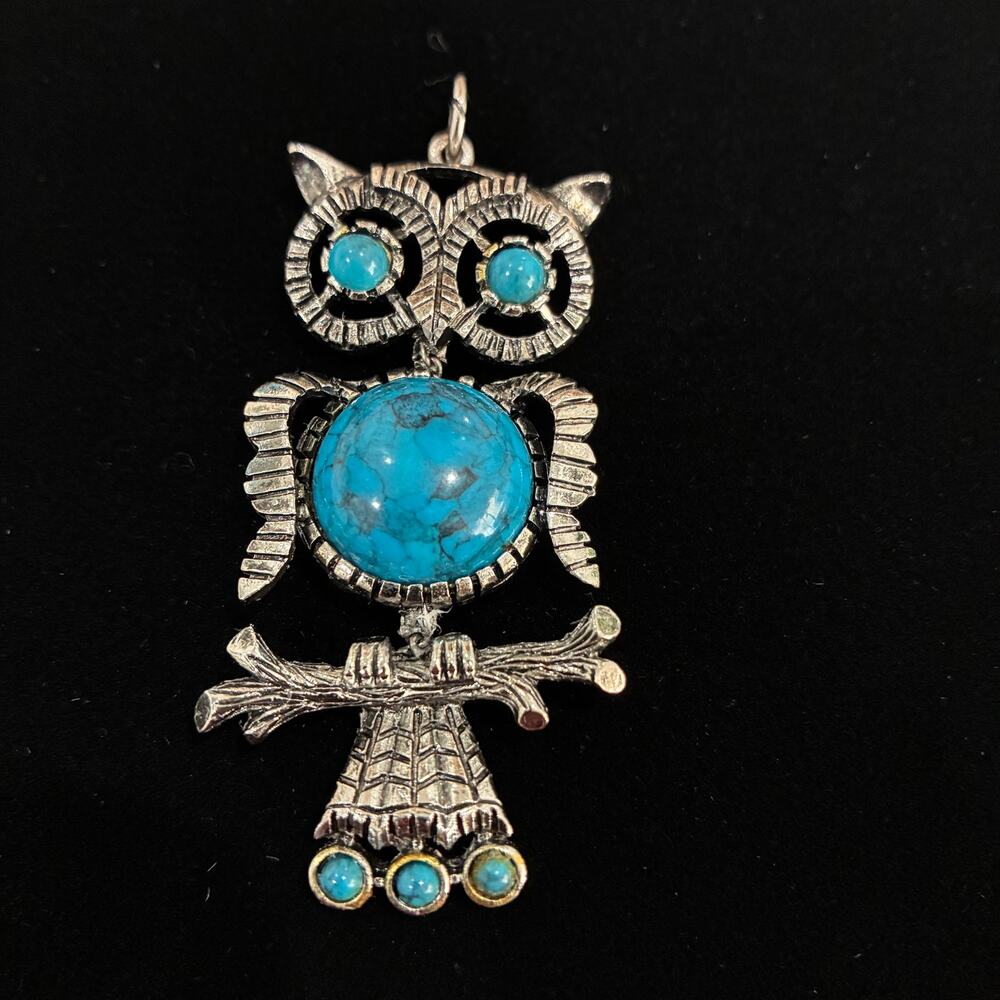 Vintage Articulated Owl Pendant Silver Tone Faux Turquoise Branch 3" Statement